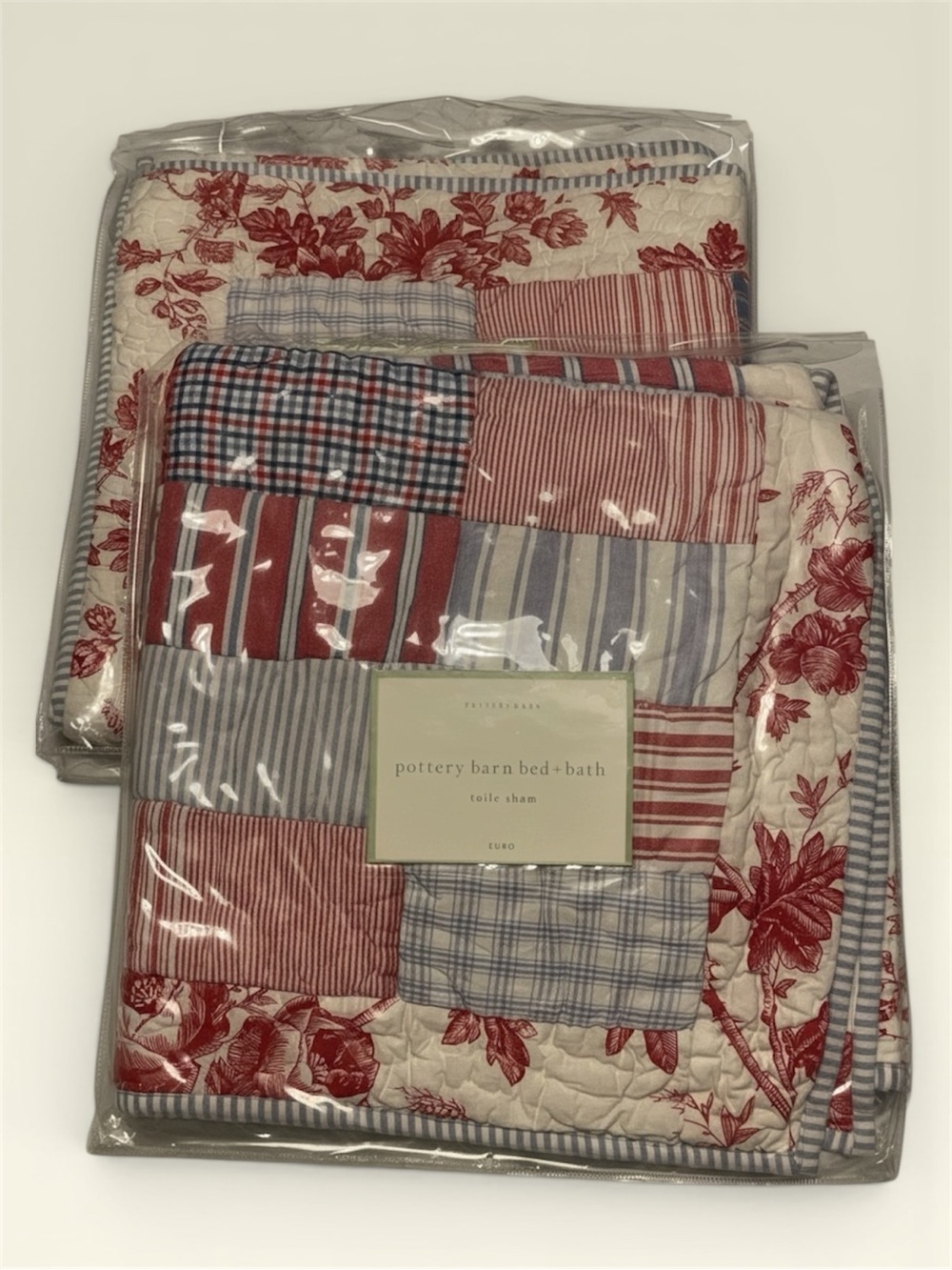 Pottery Barn Red, Blue & Cream Patchwork Quilted Shams (2) 26x26 Americana Vibes